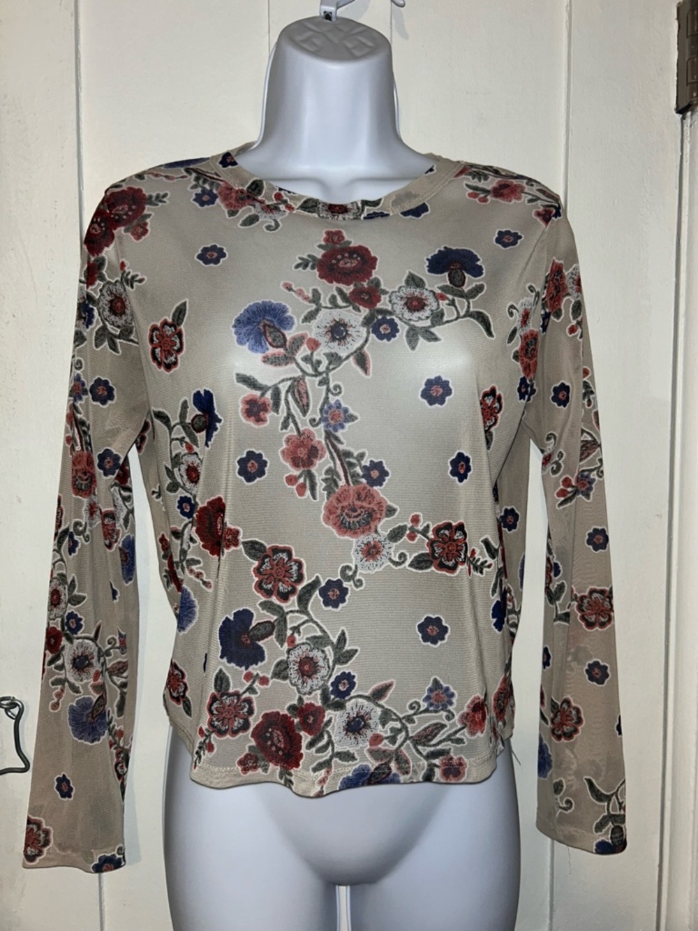 Ginger G Beige Floral Long-Sleeve Crewneck Top with Red and Blue Flowers